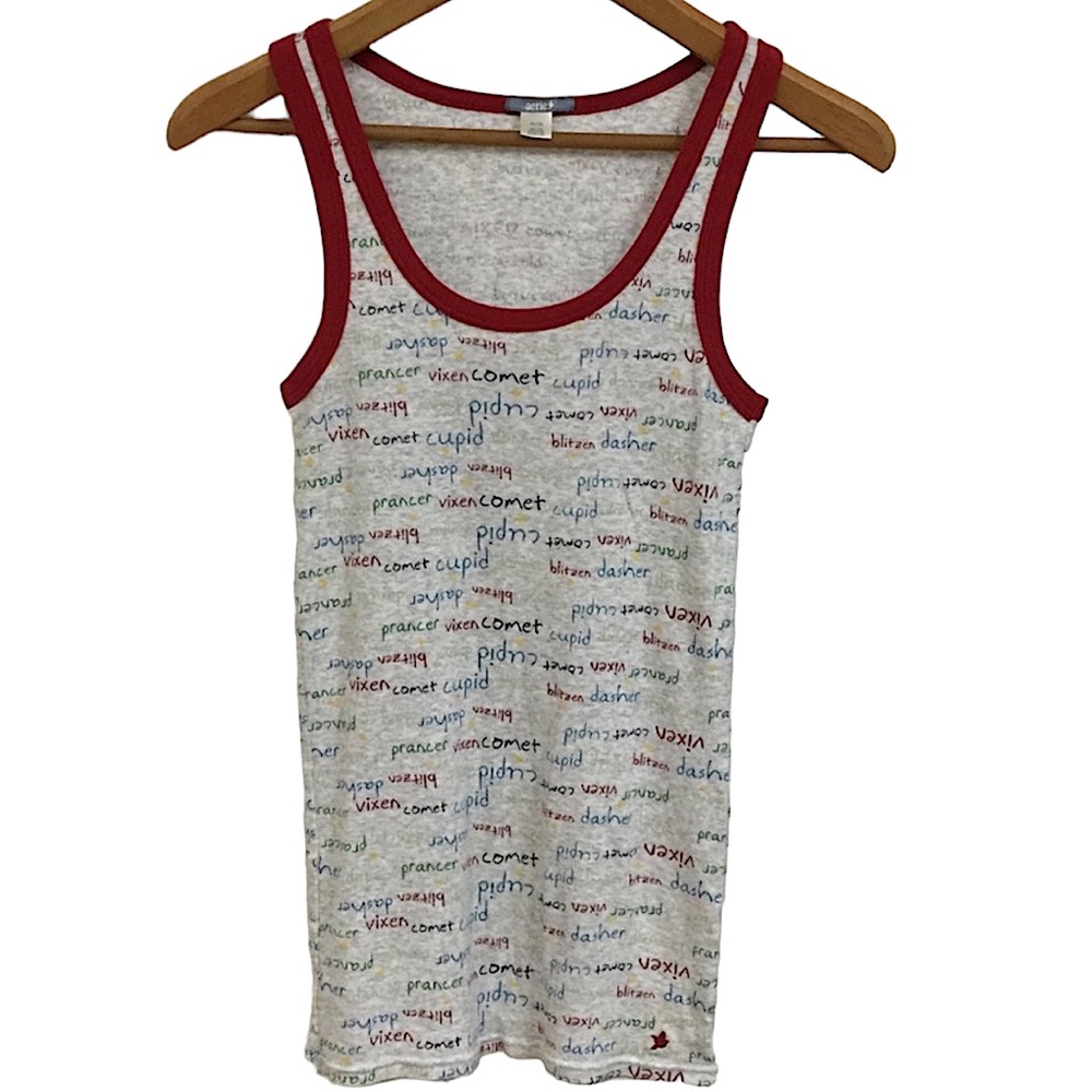 AERIE sz Medium Juniors Tank Top Reindeer Names Scoop Neck Gray Multi Red